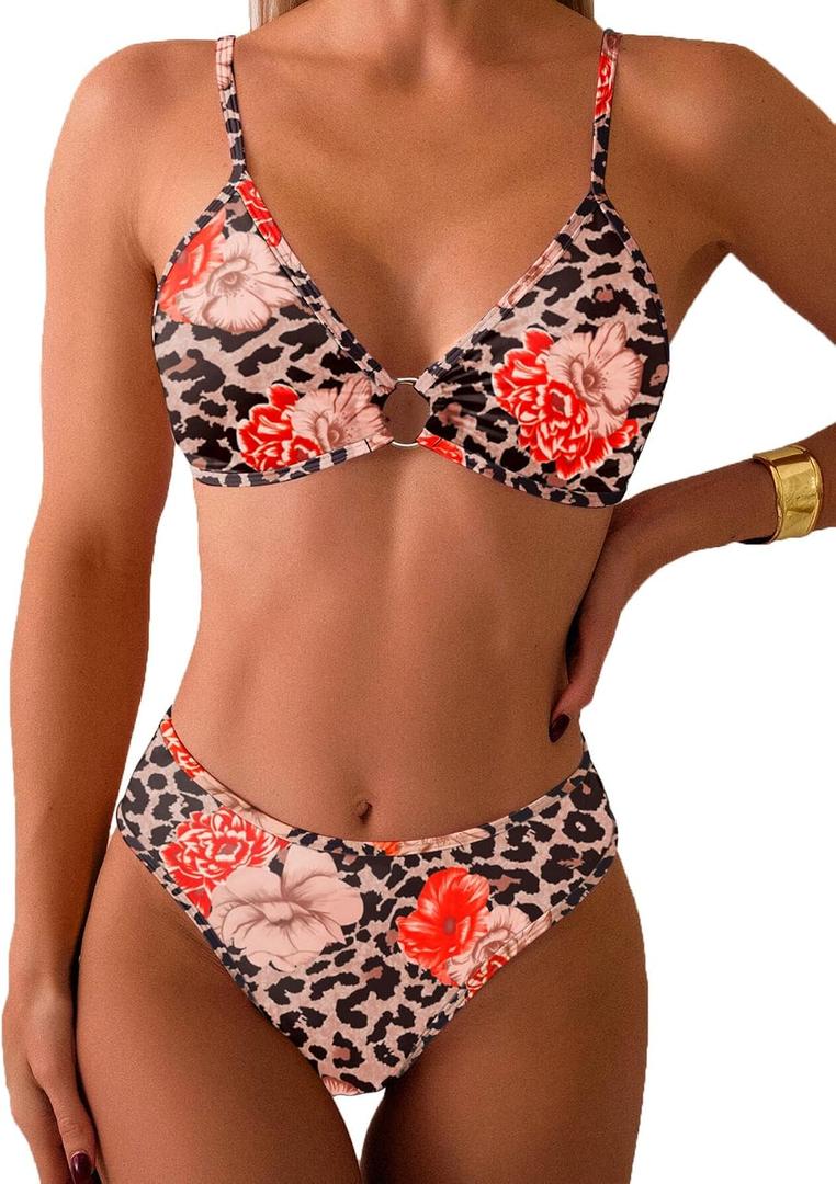 Fanuerg Women's Triangle Bikini Sets O Ring Linked Two Piece Swimsuits Floral Printed Cheeky Bathing Suit, Large