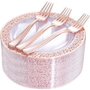 I00000 72 Pcs Rose Gold Dessert Plates 7.5" & 72 Pcs Disposable Forks 7.4", Lace Design Plastic Salad Plate, Plastic Appetizer Plate for all Holidays Perfect for Party & Wedding