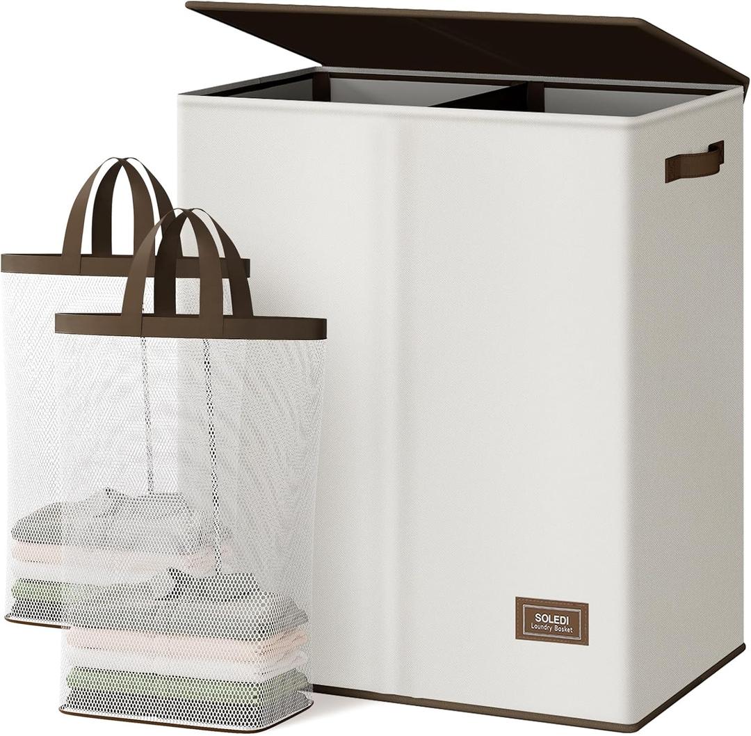 SOLEDI Luxury Double Laundry Hamper with Lid and Removable Bags, Large Hamper for Laundry, Laundry Basket 2 Sections, Collapsible Ditry Clothes Hamper for Bedroom, Laundry Room, Bathroom, Off-white (145L)
