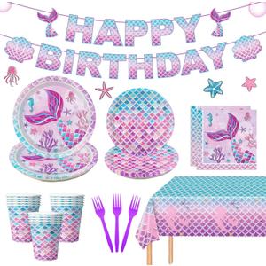 122Pcs Mermaid Birthday Party Decorations Set Mermaid Party Supplies Includes Plates, Napkin, Fork, Cup, Tablecloth, Banner for Baby Shower Ocean Birthday Party Decorations, Serves 24