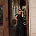 XXTAXN Women's Caual Fashion Crew Neck Short Sleeve Ruched Waist Backless Tie Wide Leg Long Pant One Piece Jumpsuit (Black, S)