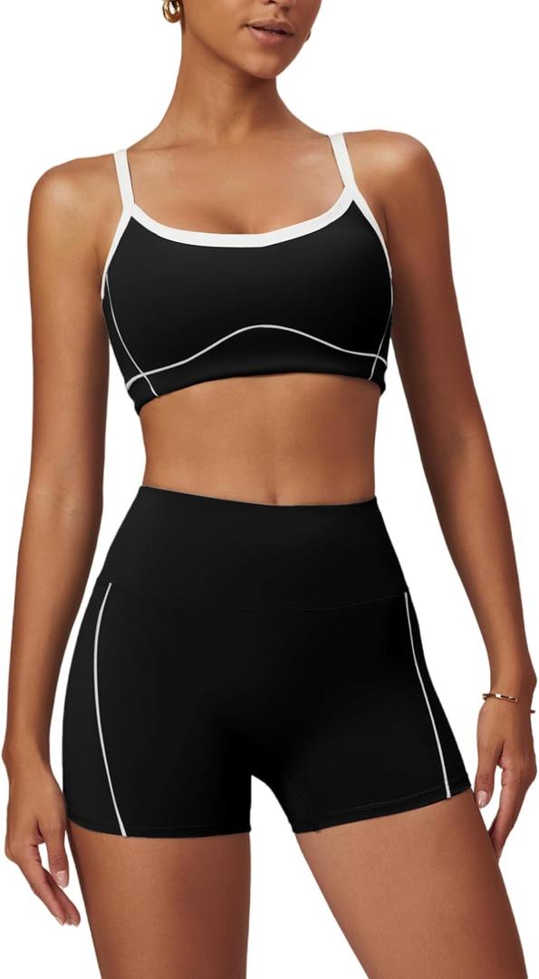 OMEWEE Yoga sets for women 2 piece Fashion contrasting lines Sports Bra and Tummy Control Butt-lifting Shorts, Medium