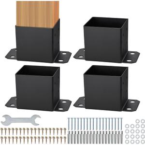 VEVOR 6x6 Post Base 4 Pcs, Inner Size 5.6"x5.6" Post Base Brackets, Heavy Duty Powder-Coated Post Anchor Matte Black Wood Post Brackets for Pavilion Deck Railing Support Deck Base Plate