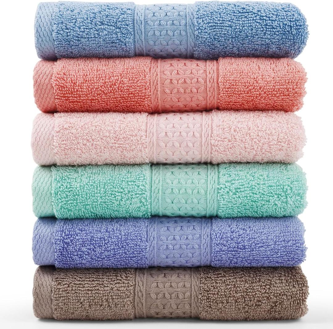 Cleanbear Face-Cloth Washcloths Set,100% Cotton, High Absorbent, 6-Pack 6 Colors, Size13 x13-deep Color (Baby Pink, Brown, Blue Grey, Rust, Lavender,greengage)