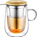 glastal Tea Infuser Mug 14.5oz Insulated Heatproof Glass Tea Cup with Removable Infuser and Lid, Clear Glass Teacup 430ml Double Wall Borosilicate Glass Teacup for Loose Tea, Gifts for Parents Dad Mum