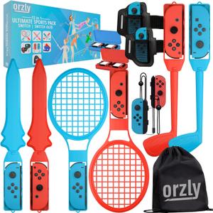 Orzly Switch Sports Games 2024 Accessories Bundle Pack for Nintendo Switch & Switch OLED with Tennis Rackets, Golf Clubs, Chambara Swords, Soccer Leg Straps & Joycon Grips - With Carry Bag (Multicolor)