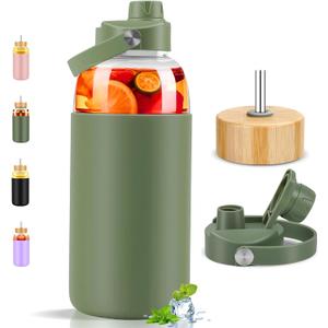 PROBTTL Glass Water Bottles 64 oz, Half Gallon Glass Water Bottle with Straw, Silicone Sleeve, 2 Lids - Handle Spout & Bamboo Straw Lid (Olive)