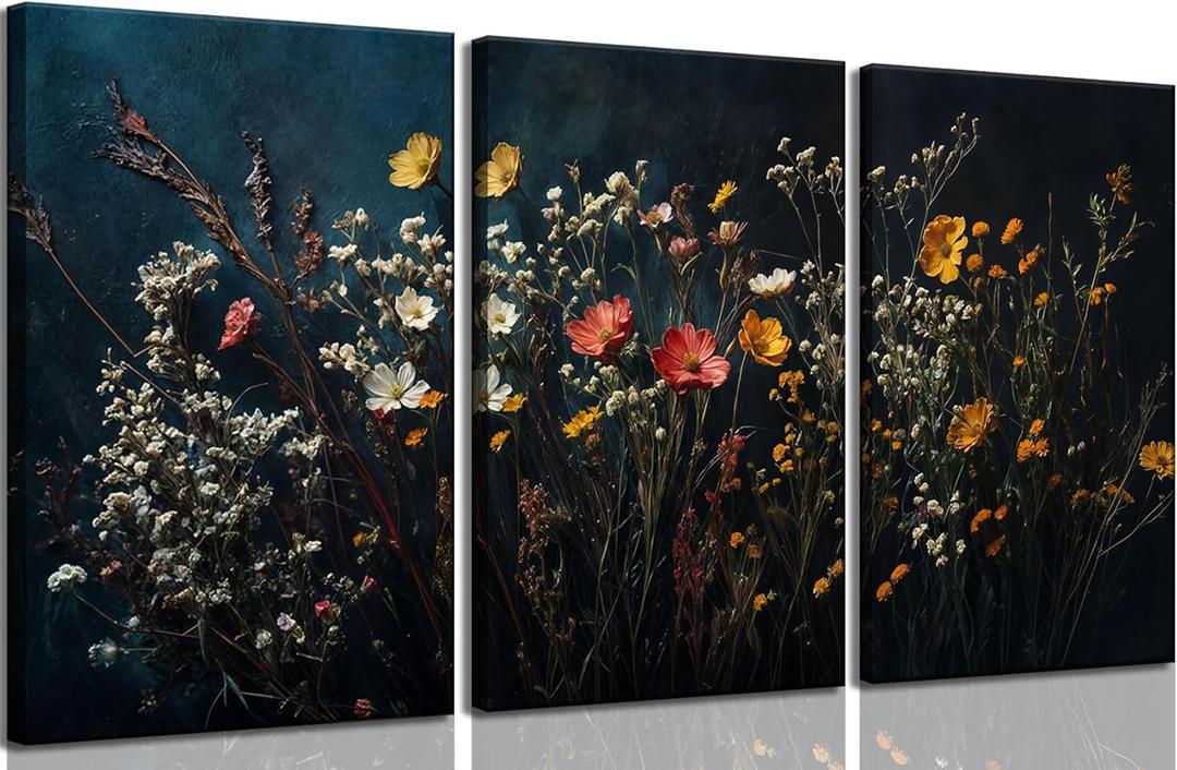 3Pcs Dark Dried Wildflowers Canvas Wall Art Moody Floral Wall decor prints Vintage Black Botanical painting pictures Aesthetic Flower Artwork for Living Room Bathroom Bedroom Decoration,12x16in