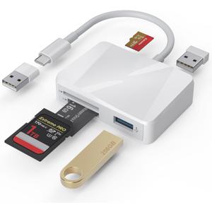 SD Card Reader, 5 in 1 USB-C & USB Card Adapter with SD/MicroSD/MS and Dual USB-A Ports Memory Card Reader for iPhone 17/16/15 Pro Max iPad MacBook Pro/Air M4/M3 Android Phone/Tablet PC (White)
