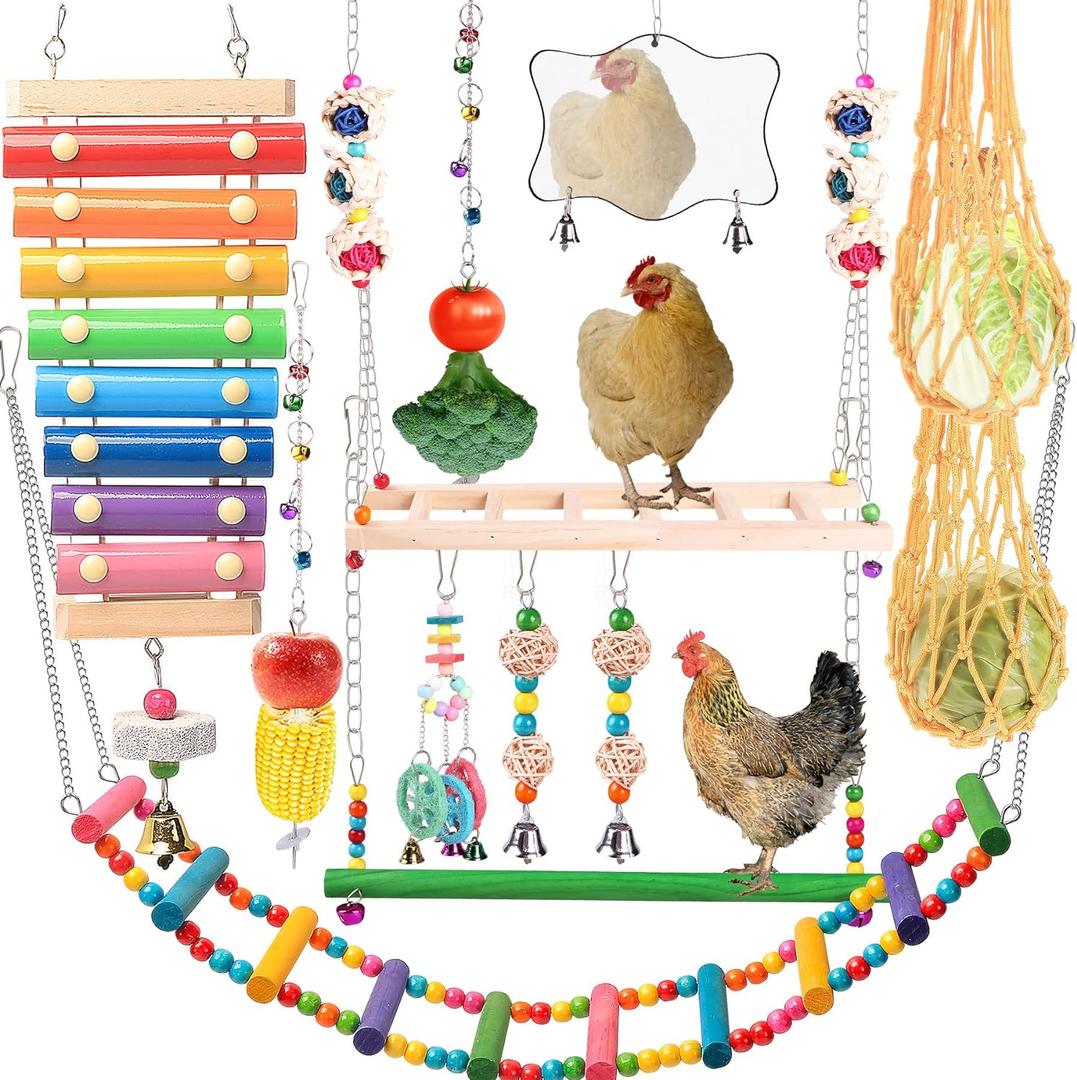 Chicken Toys for Coop 12PCS Set, KAKUNM Chicken Enrichment ToysIncluding Xylophone, Swing Set, Mirror Toy, Flexible Ladder, Vegetable String Bag and Hanging Feeder, Coop Accessories for Hens