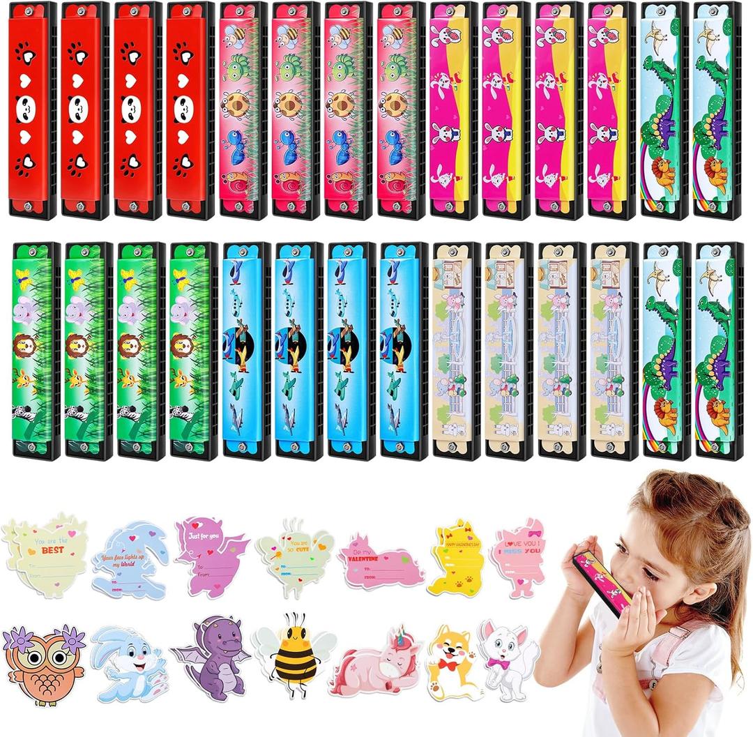 28Pcs Harmonica Toy Set with 28Pcs Easter Cards for Kids School Class Exchange, Birthday Party Favors for Kids Boys Girls 3 4 5 8-12, Prize Toy Goodie Bags Stuffers Return Gifts