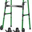 Folding Walker with 2 Skis and 5" Wheels, Lightweight Walkers for Seniors and Adults, Supports Up to 350 Pounds, Adjustable Height, Compact Standard Walker, Green