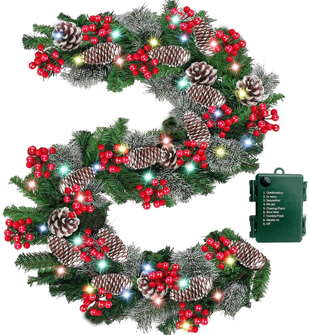 Timer - 9Ft by 10 Inch Prelit Christmas Garland with 50 Colorful Lights, Thick 270 Snowy Tips 70 Red Berry 10 Pinecone Battery Operated 8 Mode Real Touch Cedar Valentines Garland Mantle Indoor Outdoor