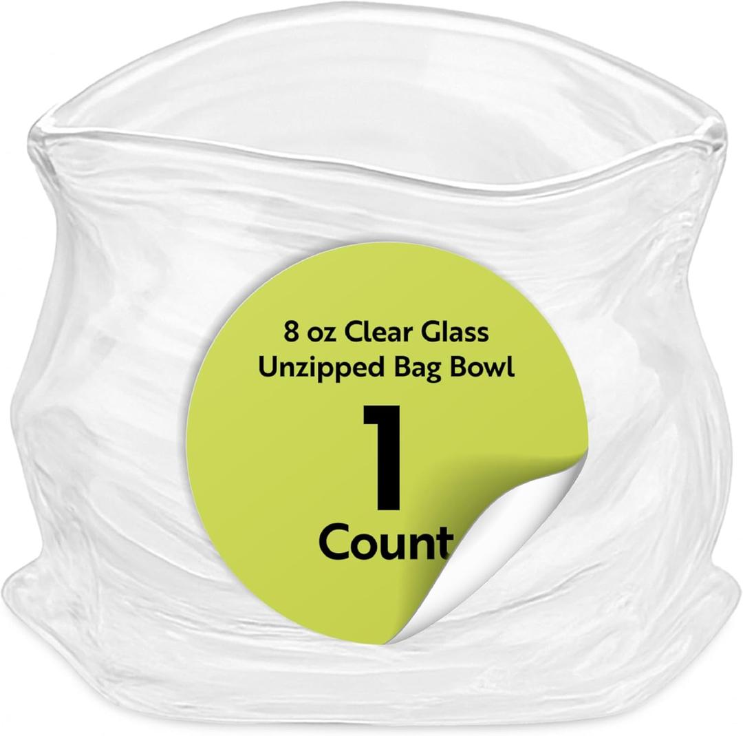 Restaurantware Clear Glass Bowl 8 oz Crinkle Edge Unzipped Bag Bowl Creative Serving Dish Dishwasher Safe Transparent Glass and Microwave-Safe Container for Serving Desserts, Candies