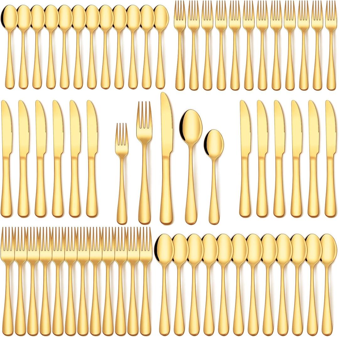 EUIRIO 60Pcs Gold Silverware Set, Stainless Steel Flatware Cutlery Set Service for 12, Mirror Polished Gold Utensils Set Include Forks Spoons Knives for Home, Wedding, Restaurant, Dishwasher Safe