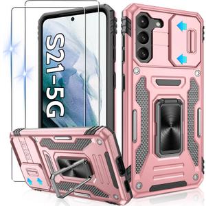 Gritup for Galaxy-S21-Case with Slide Camera Cover + [HD Screen Protector2], 360 Metal Rotated Ring Kickstand,Military Grade Shockproof Protective Cover Case for Samsung Galaxy S21,Rose Gold