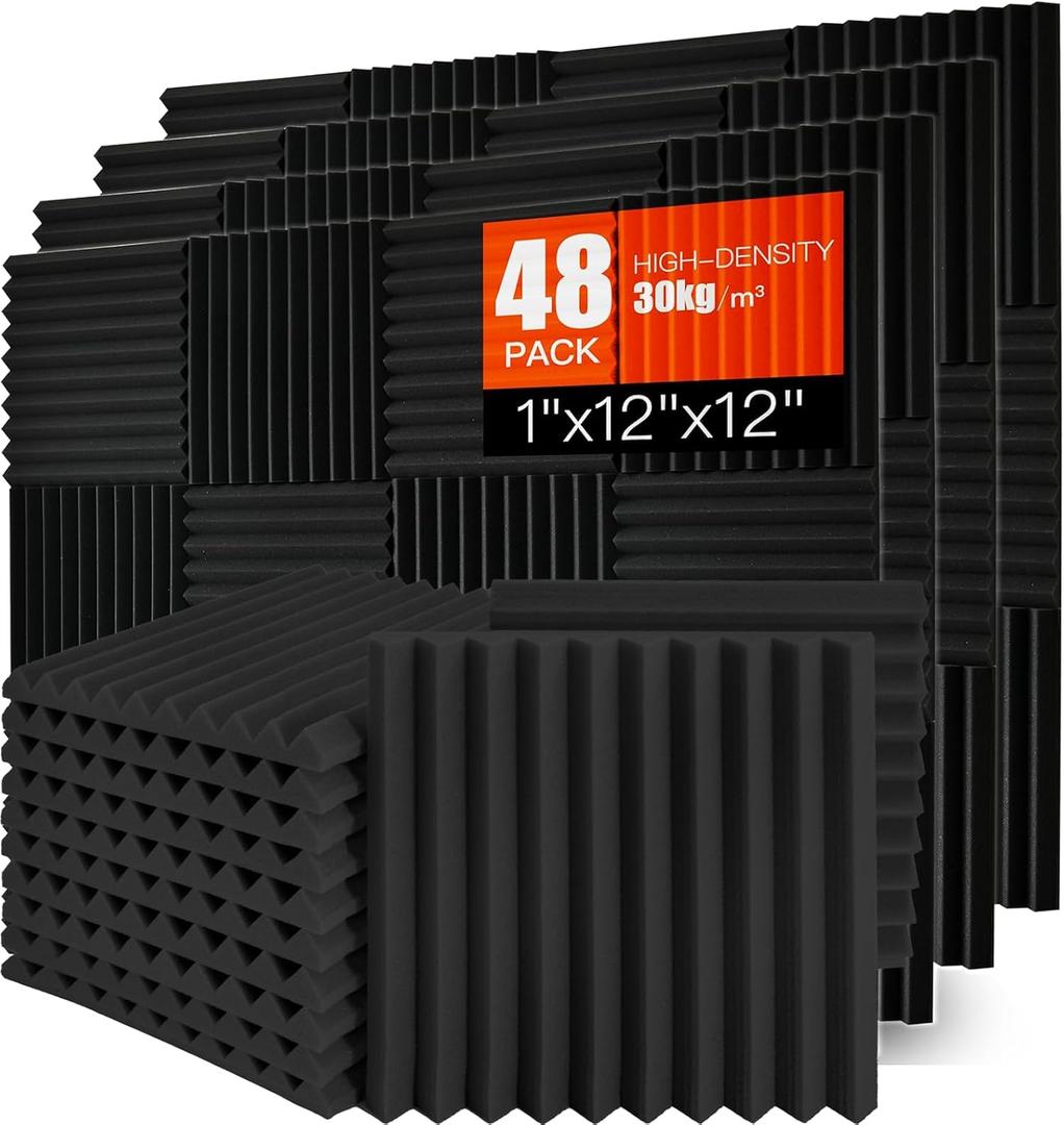 Acoustic Foam Panels 48 Pack 1" x 12"x 12" Saiqiang Black Soundproofing Panels Wedges for Wall Noise Absorbing and Sound-Damping Fire-Resistant Sound Proof for Studio, Gaming Room