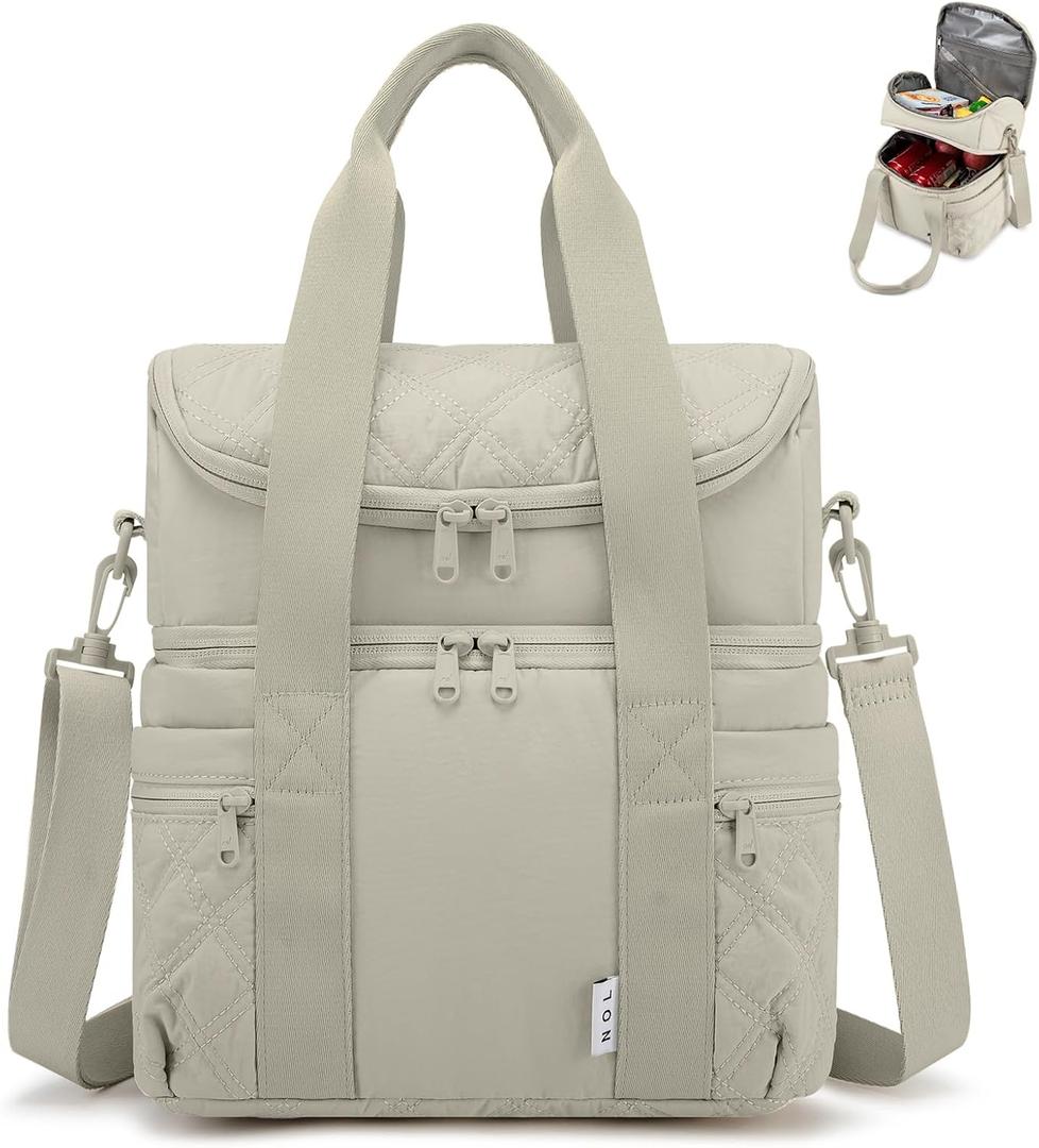 NOL Natural Organic Lifestyle Lunch Bag for Women - Large Double Deck Insulated Lunch Box Leakproof Reusable Lunch Cooler Puffer Lunch Tote Bag with Multiple Pockets for Work Picnic, Khaki