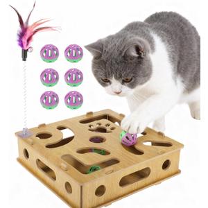 Cat Toys for Indoor Cats, Interactive Wooden Puzzle Toy Box, Stimulate Hunting Drives and Reduce Boredom, Wood Color
