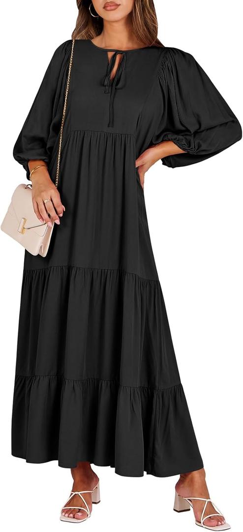 ANRABESS Womens Boho Maxi Dresses 2025 Summer V Neck Puff Sleeve Floral Flowy Swing Fall Casual Long Dress (Medium, Black)