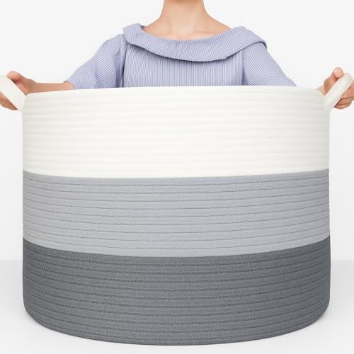 Handmade Large Cotton Rope Storage Basket, Laundry Hamper for Nursery, Woven Rope Laundry Hamper, 87L Laundry Basket for Blankets, Cotton Rope Basket with Handles, Clothes Organizer Grey & White