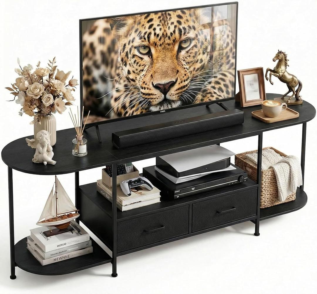 Faesun 63" TV Stand for TVs up to 75 Inches, Curved Edge Media Console & Entertainment Center with 2 Fabric Drawers, Modern TV Console Table for Living Room or Bedroom, Black