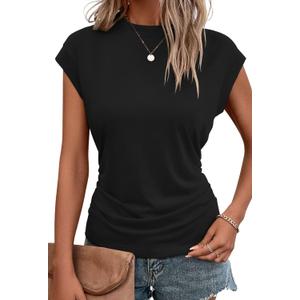 Bliwov Womens Summer Tops Cap Sleeve Crew Neck T Shirts Spring Trendy Fashion Outfits Business Beach Vacation Blouses Clothes, Large