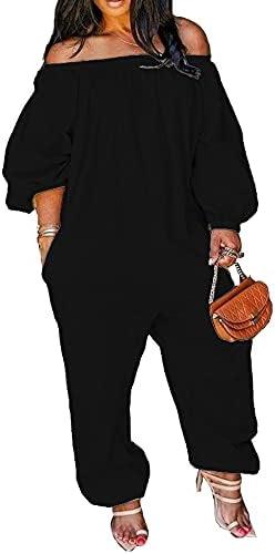 MESLIMA Women's Loose Fit Elastic Off Shoulder Beam Foot Long Sleeve Jumpsuit Rompers with Pockets Plus Size XXL