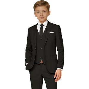 Boys Suits Kids Wedding Formal Suit Set Communion Tuxedo Easter Outfit 5 Piece Jacket Vest Pants Set with Shirt and Tie (Black, 14Y)