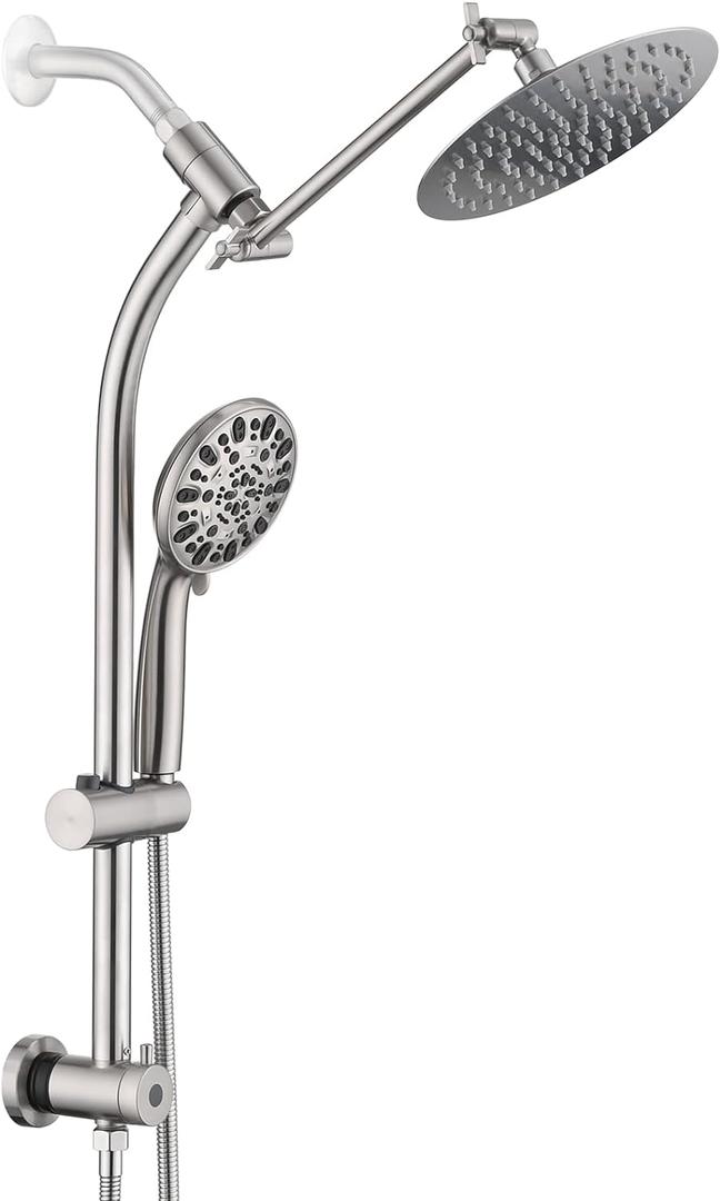 Rainfall 8 Inch Round Shower Head with High Pressure Handheld Spray Combo, Drill-Free Slide Bar with Adjustable Shower Extension Arm, 3-Way Diverter for Easy Reach, 5Ft Hose- Brushed Nickel (Brushed Nickel)