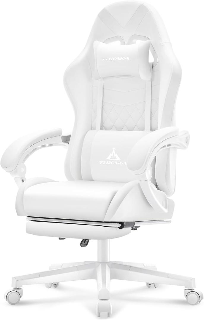 White Gaming Chair,Ergonomic Massage Computer Office Desk Chair with Footrest,Pocket Spring Cushion,Reclining Leather Adjustable Gamer Chair with Headrest and Lumbar Support,White, 50 Inches X 26.4 Inches X 26.4 Inches