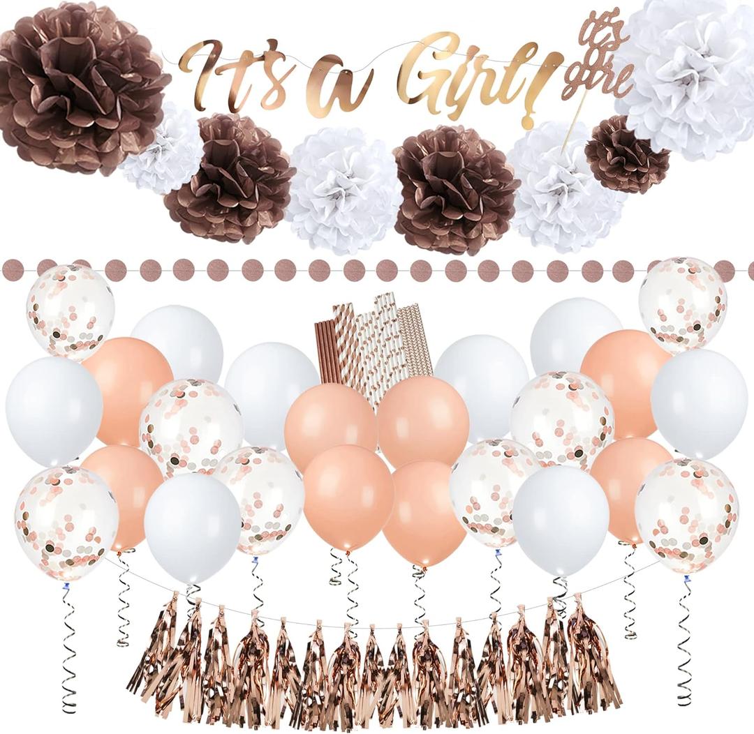 EpiqueOne 52-Piece Its A Girl Baby Shower Party Decor Kit | Includes a Banner, Tissue Paper Pom Poms, Rose Gold Balloons & More | Easy to Assemble | For Gender Reveal & Baby Shower Decorations