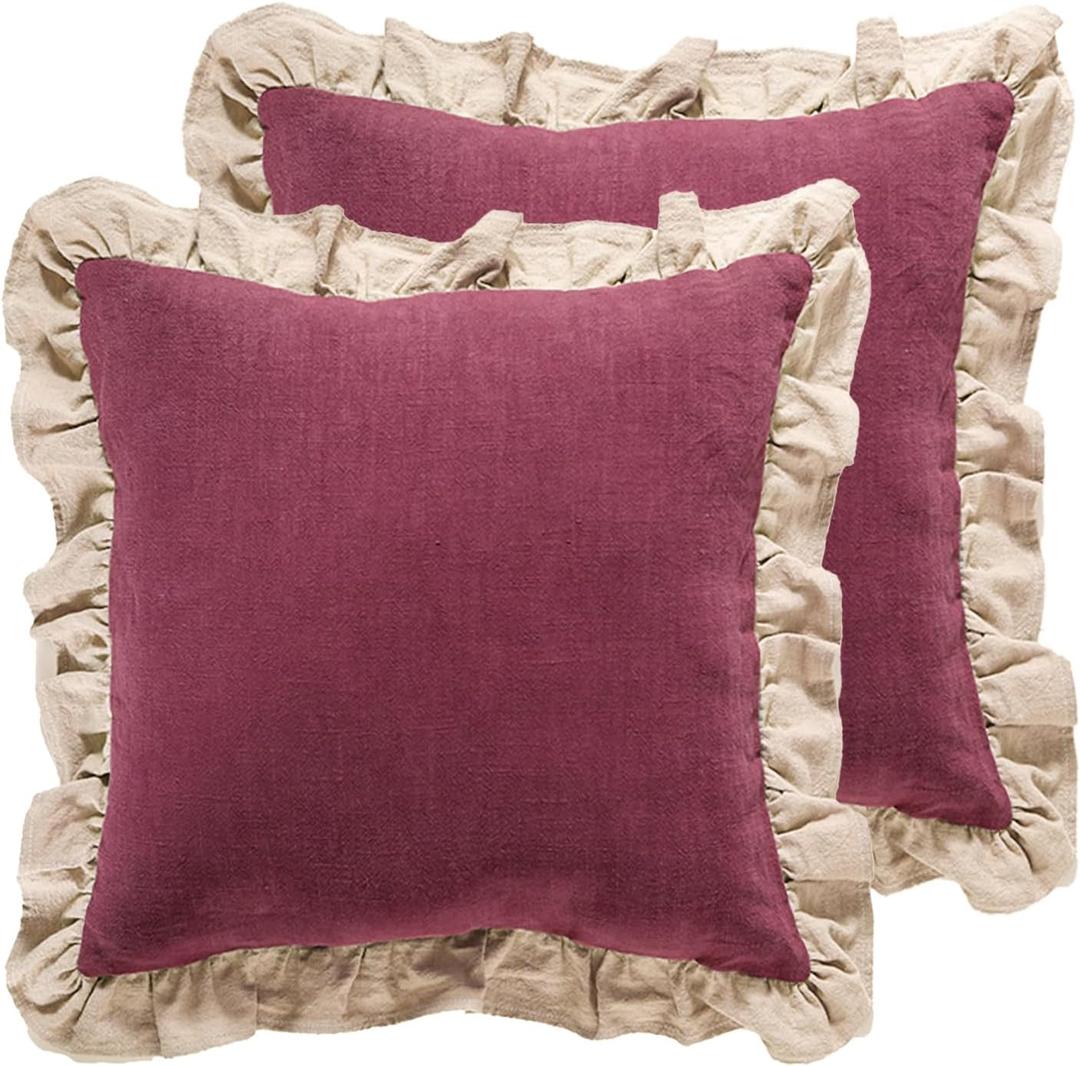 patdrea Rhodo Shabby Chic Decorative Throw Pillow Covers 22x22 Farmhouse Red Linen Pillow Covers with Ruffles,Square Sturdy Throw Pillow Case for Couch Sofa Bed Living Room