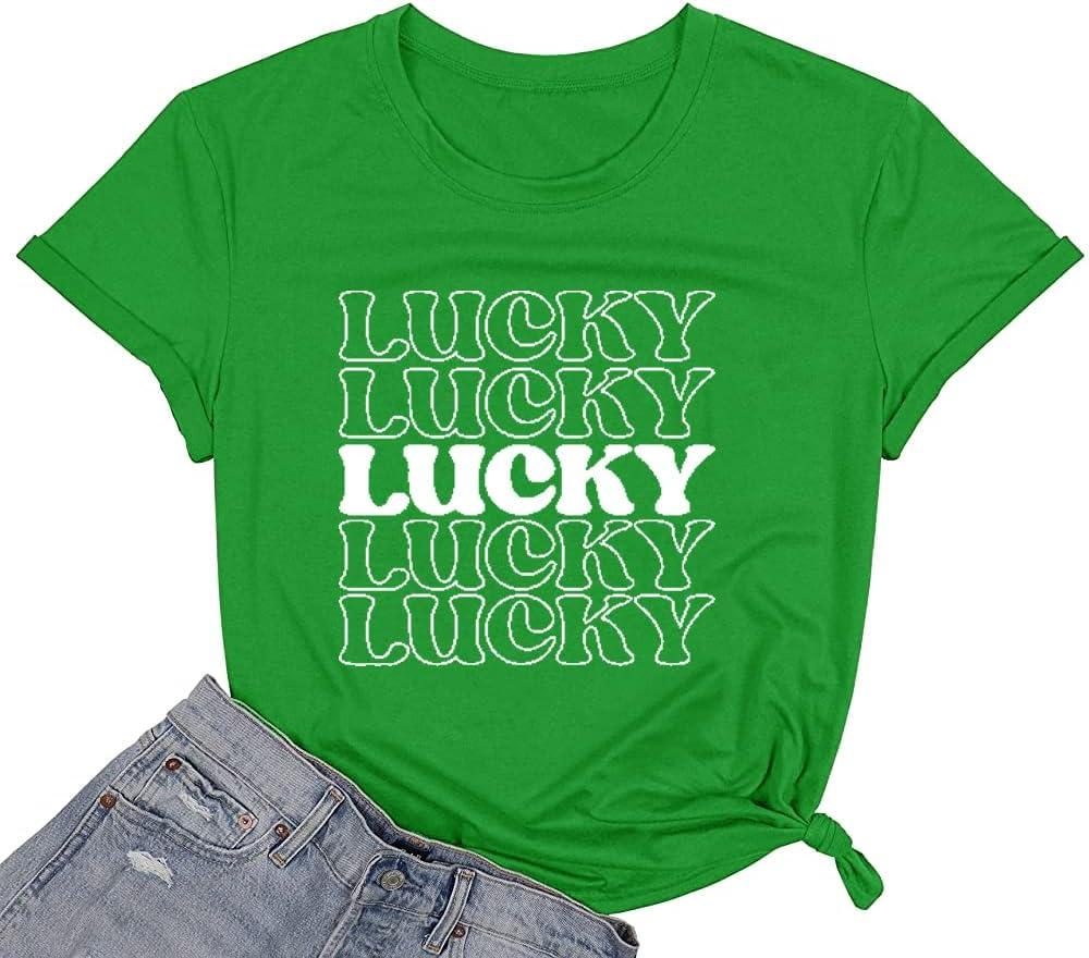 St Patricks Day Women Green Graphic Shirts Cute Lucky Irish Shamrock Short Sleeve Tops Funny Love Bleesed Holiday Printed Tee (Green, L)