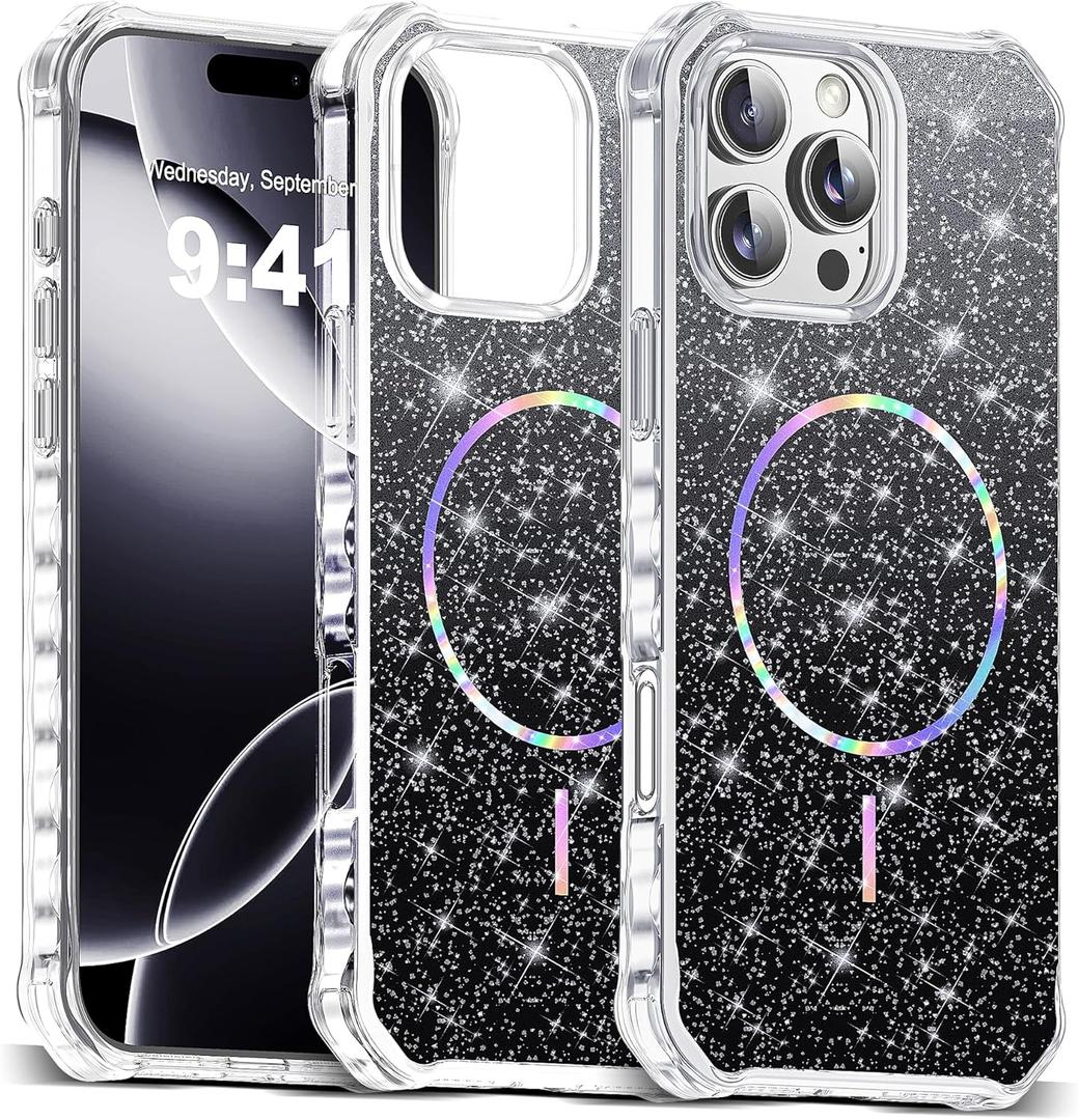 Compatible with iPhone 16 Pro Max Case Magnetic Glitter iPhone 16 Pro Max Phone Case 6.9" with Curly Wavy Frame Design [Bling & Cute][Compatible with Mag-Safe],Black