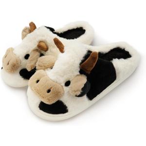 Nackiy Cow Slippers for Women & Men, Cute Animal Fuzzy Slides, Soft Cotton Plush Indoor Outdoor Shoes for Bedroom Living Room House (4-5 Women/3-4 Men)