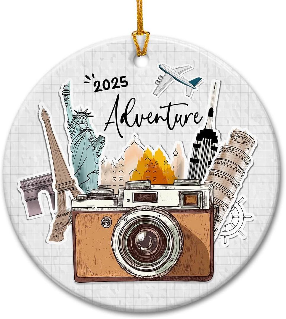 2 x Adventure Travel Christmas Ornament 2025 - Destination Travel Gifts for Women, Men, Traveling Gifts for World Travelers, Friends, Family - Ceramic Vacation Ornaments for Tree Decoration