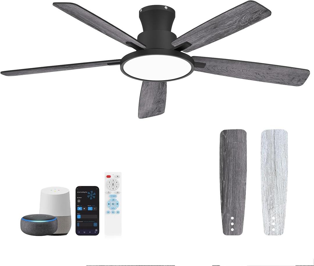 Ceiling Fans With Lights,52 Inch Smart Ceiling Fan, Remote/App Control, Compatible with Alexa/Google Assistant,Reversible,Dimmable,Adjustable Color Temperature,6 Speeds,Timer(Gray) (Black and Gray)