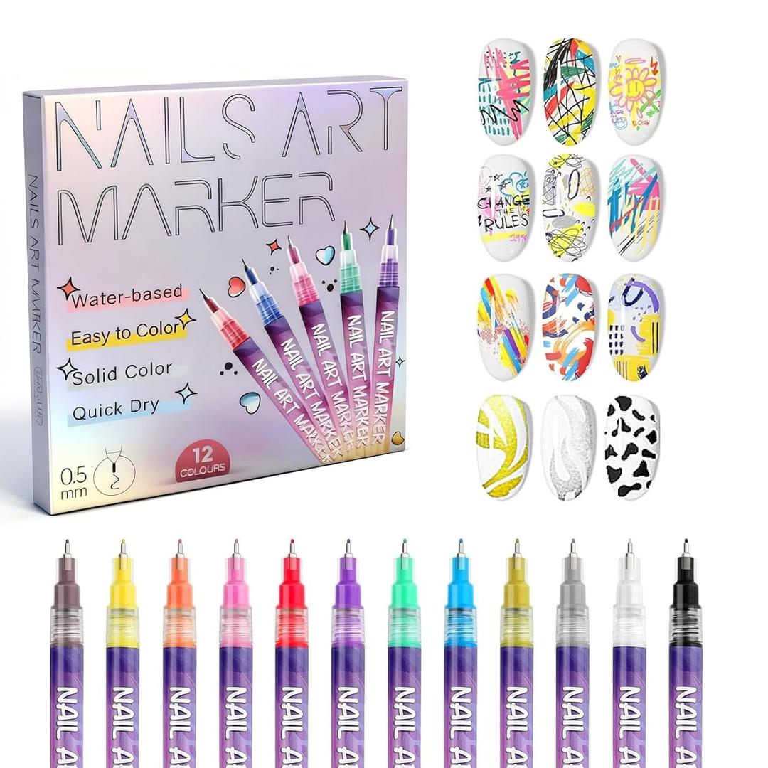 2 x 12 Colors Nail Art Pens Set, 0.5mm Fine Tip Nail Markers for 3D Nail Art, DIY Manicure & Drawing, Portable Nail Art Tools