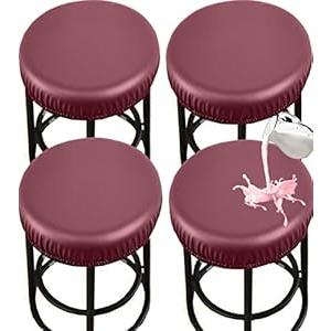 PU Bar Stool Covers - Waterproof, Washable Round Seat Covers with Elastic Bands for 12-17 Inch Chairs (4Pcs, Red)