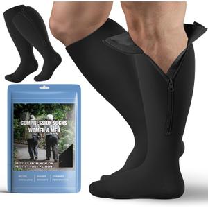 2 Pair Plus Size Closed Toe Compression Socks with Zipper, Compression Stockings for Overweight Women Men 15-20 mmHg (3X-Large)