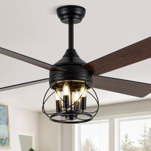 52 Inch Ceiling Fans with Lights, Modern Farmhouse Caged Ceiling Fan, Reversible Motor, 4 Double Finish Wood Blades, Rustic Ceiling Fan for Porch, Living Rooms, Bedroom (Black-MD-DC5213)