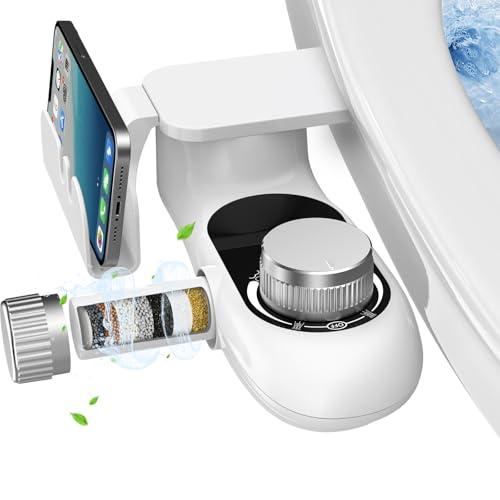Bidet Attachment for Toilet with Filters, Non-Electric Self Cleaning Dual Nozzle(Frontal/Rear Wash) for Bidet Toilet Seat, Adjustable Water Pressure, Multi-Stage Water Softener Filters for Hard Water