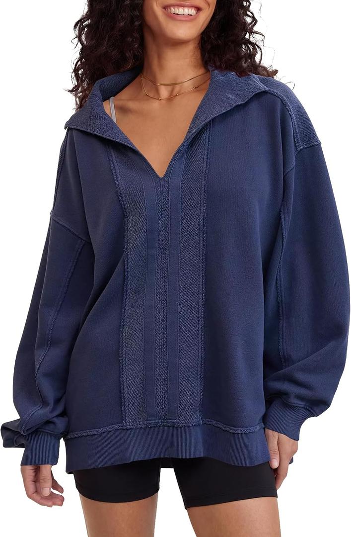 Locachy Women's Casual Oversized Sweatshirt V Neck Long Sleeve Pullover Tops Fashion Outfits Clothes Navy L
