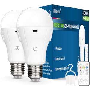 BoRccdit CordlessGlow Battery Operated Light Bulb with Remote3 Colors + Dimmable + Touch Control Rechargeable Light Bulbs for no-Hardwired Fixture, up to 24 Hours,2Pack (2 Packs-E26/E27, 3000-4000-6000k)