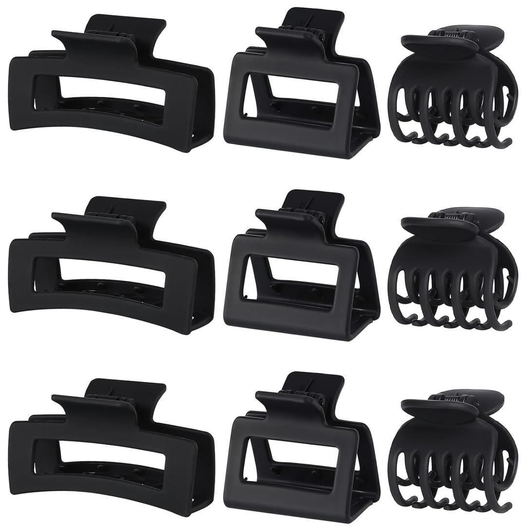 CHANDAT 3 Style Hair Claw Clips 9 pcs Medium Claw Clips Hair Clips for Women Rectangle Claw for Thick Hair Square Hair Clips for Thin Hair Accessories for Women (Black)