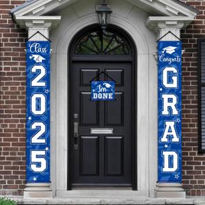 Moukeren 3 Pieces 2025 Graduation Party Decorations Graduation Porch Sign Class of 2025 Grad Hanging Porch Banner Backdrop Door Sign for Grad Party Home Door Wall Decor(Blue)