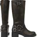 AMINUGAL Knee High Boots Women Square Toe Pull On Wide Calf Riding Fashion Buckles Chunky Metallic Casual Vintage Buckle Rivet 9