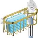2-in-1 Sponge Holder for Kitchen Sink, Suction Cup Sponge Rack Kitchen Sink Caddy, No Drill Rustproof Sink Organizer for Place Dishwashing Brush Soap and Sponge (Gold)