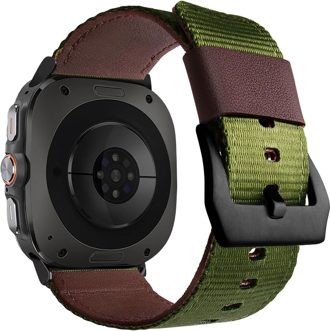 Nylon and Leather Bands Compatible with Samsung Galaxy Watch Ultra 47mm for Women Men,Adjustable Sport Loop Replacement Straps. (Green)